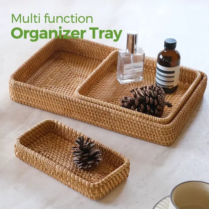 Plateau de service en rotin, panier rectangulaire, paniers de rangement et d'organisation en osier, plateau décoratif tressé naturel pour la décoration intérieure