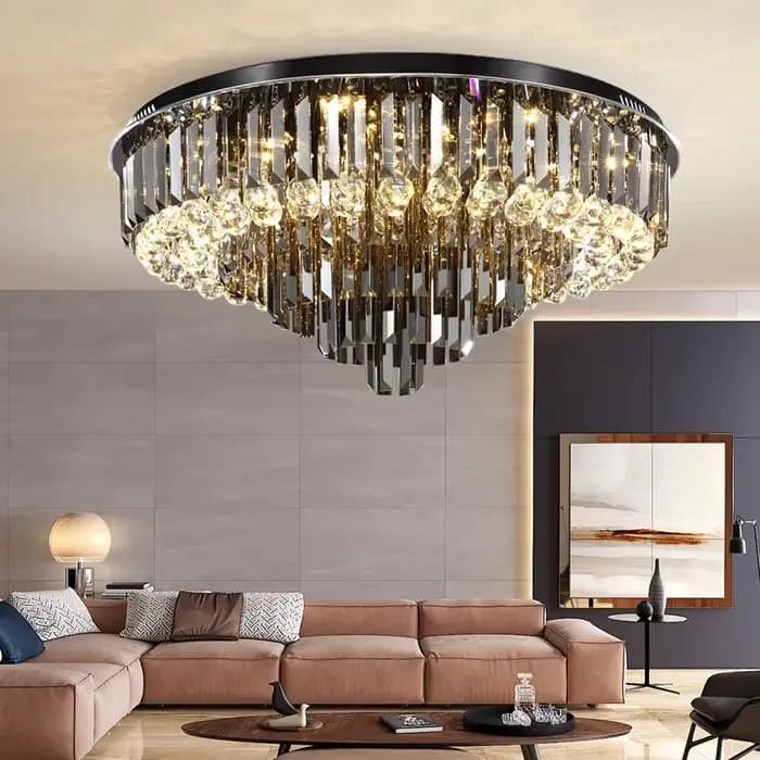 Lustre de plafond en cristal Led pour salon moderne créatif décor à la maison lampe ronde de luxe noir or argent luminaire