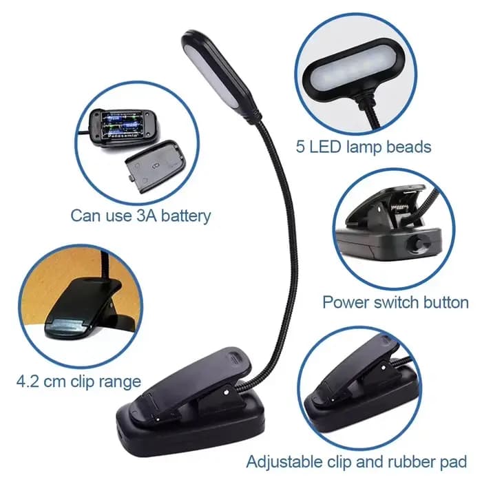 Lampe de lecture LED portable, lumière du jour blanche, flexible, clip facile, lampe de nuit, chambre à coucher