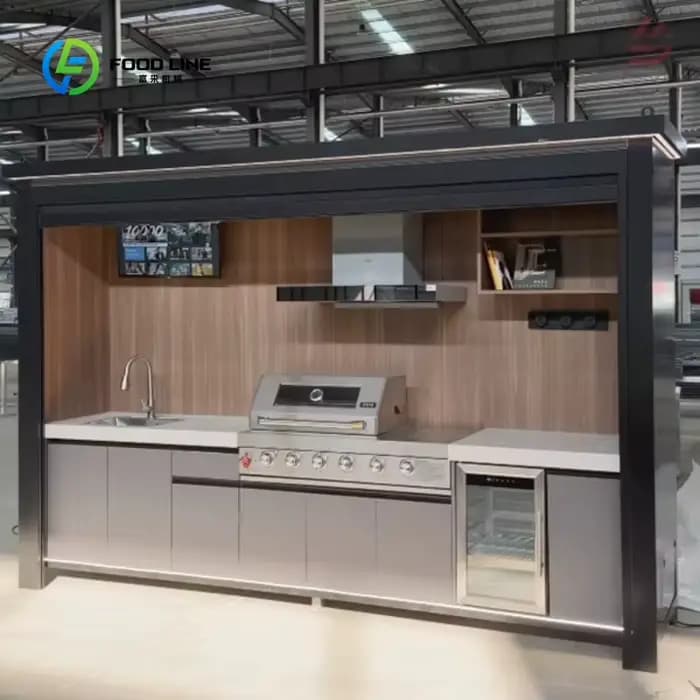 Îlot de cuisine extérieur personnalisé avec évier et rangement en alliage d'aluminium, léger, durable et parfait pour les espaces de cuisson