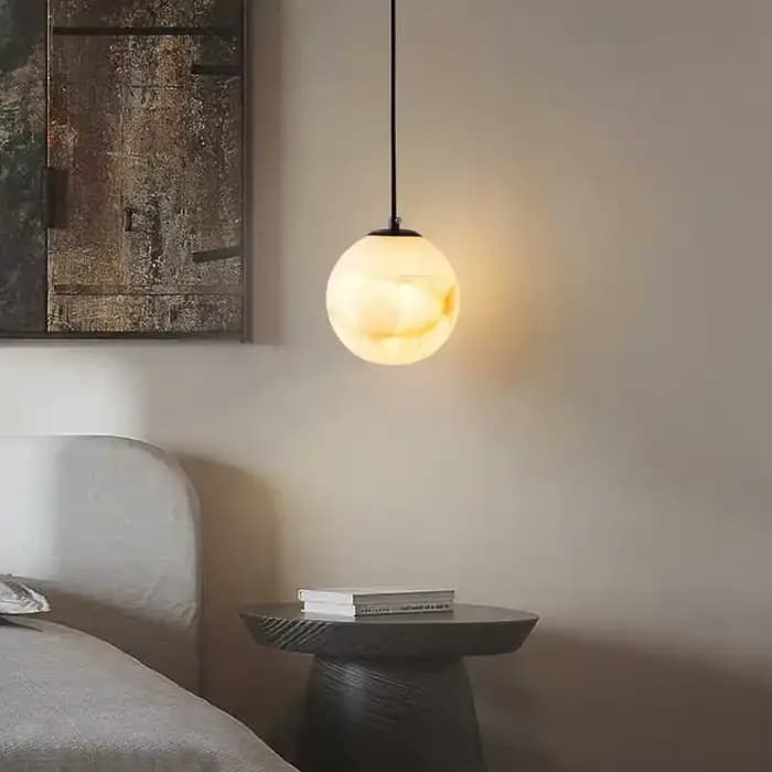 Lampe suspendue en marbre naturel, boule ronde en laiton, plafonnier pour chambre à coucher, lampe de chevet, comptoir de Bar, salle à manger, étude