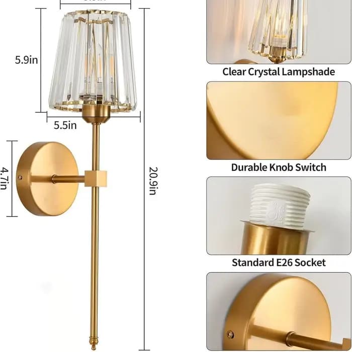 Lot de 2 appliques murales en cristal, applique murale à intensité variable avec abat-jour en cristal pour salon, chambre à coucher, ampoules incluses
