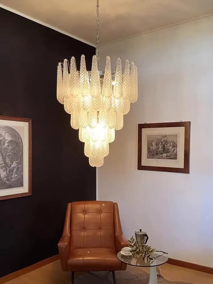 Lustre en verre rose en forme de goutte, lustre en verre de Murano, éclairage moderne du milieu du siècle, décoration de salon, luminaire suspendu pour escalier