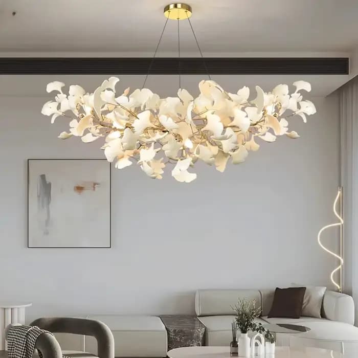 Lustre scandinave doré argent Long blanc feuille de Ginko, Lustre Suspension salon salle à manger chambre décoration