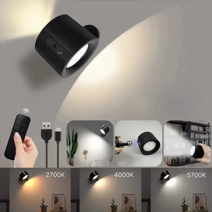 Appliques murales LED à double tête avec télécommande tactile, rotatives à 360°, 3 modes de couleur, lumière murale rechargeable USB sans fil, veilleuse