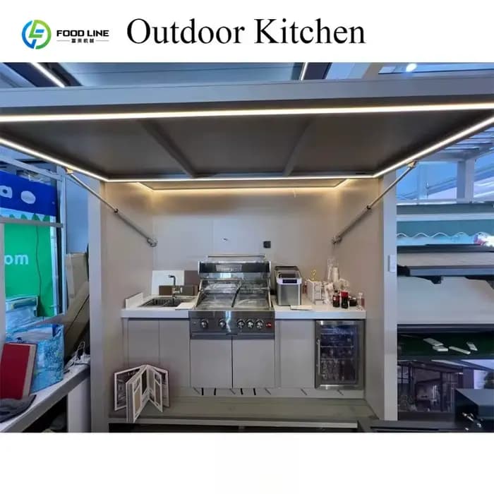 Îlot de cuisine extérieur personnalisé, léger, durable, avec structure en aluminium, équipé d'un évier et d'un meuble de rangement