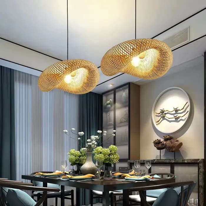 Lampe suspendue en bambou tressé pour salon, salle à manger, salon de thé – Décoration créative en forme de chapeau ondulé en rotin tressé