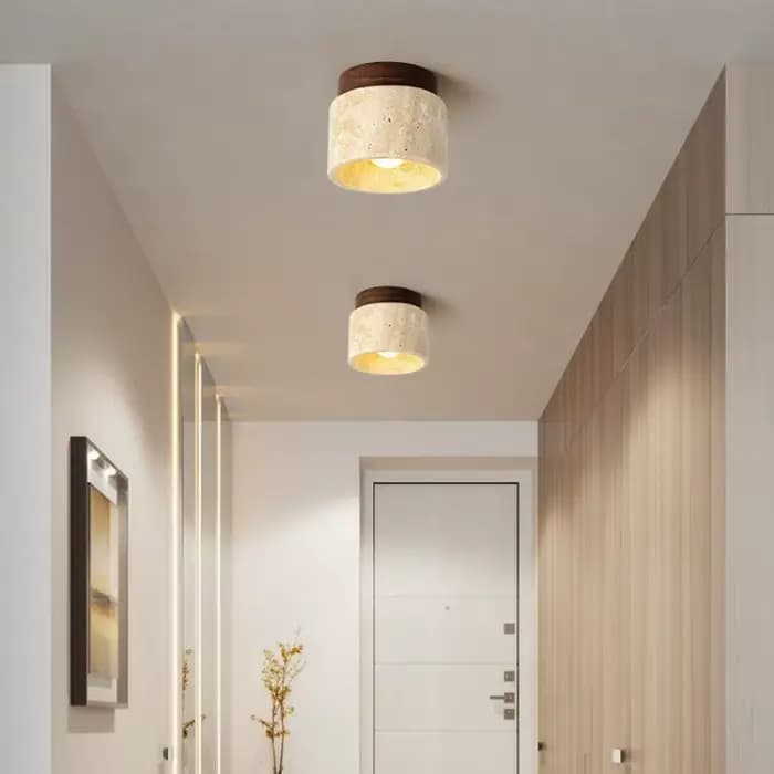 Plafonnier cylindrique en travertin, downlight en pierre véritable avec ampoule E27