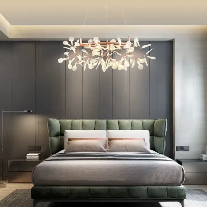Lustre Nordique Artistique Suspendu pour Salon, Lampe Moderne pour Restaurant et Cuisine, Luminaire Gypsophile Doré Rose/Noir en Forme de Branche Ronde pour Intérieur