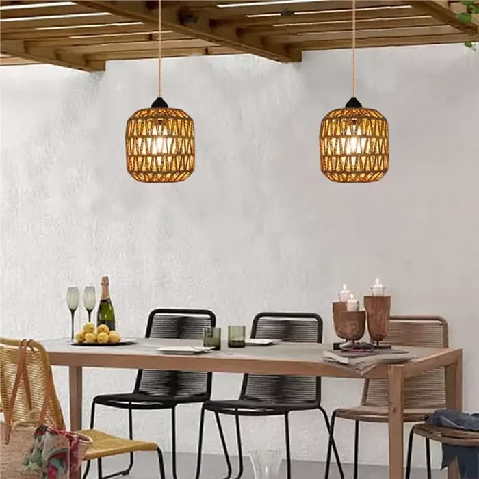 Lustre d'extérieur alimenté par batterie SHGO, luminaire suspendu en rotin tressé pour gazebo, pergola, véranda, décoration inté