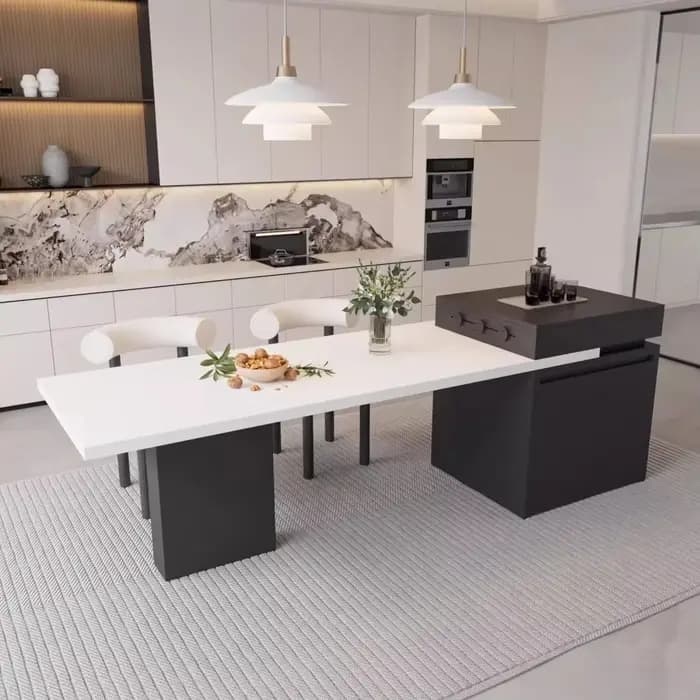 Chariot d'îlot de cuisine avec table à manger extensible pour 4 à 6 personnes, îlot de cuisine roulant avec plateau en ardoise, barre d'îlot de cuisine de rangement