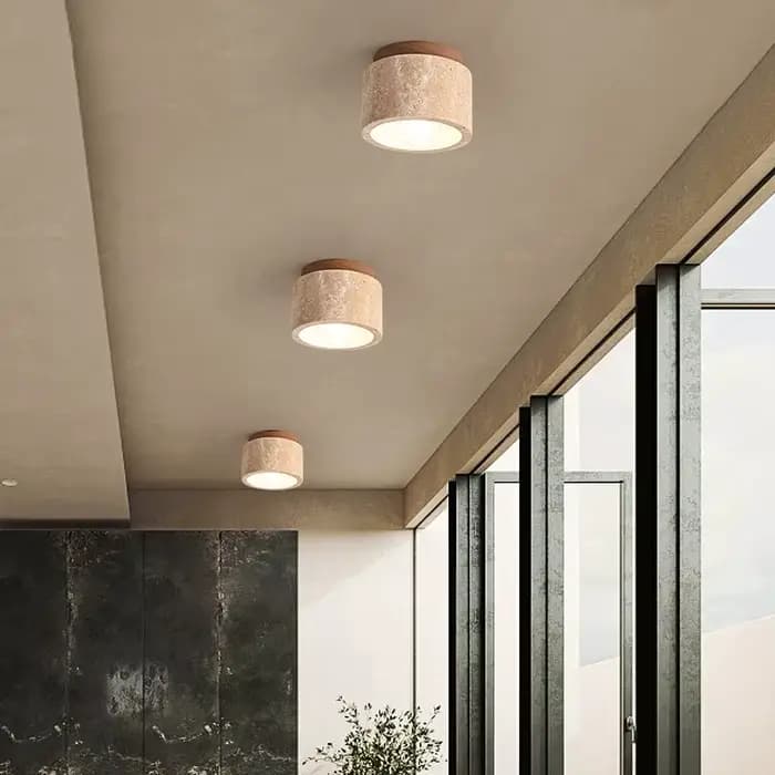 Plafonnier cylindrique en travertin, downlight en pierre véritable avec ampoule E27
