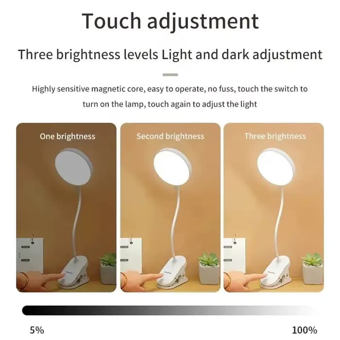 Lampe de Table Led Rechargeable par USB, veilleuse avec pince pliante, support d'étude, lampe de lecture tactile, 3 Modes de gradation, lumière de Protection des yeux