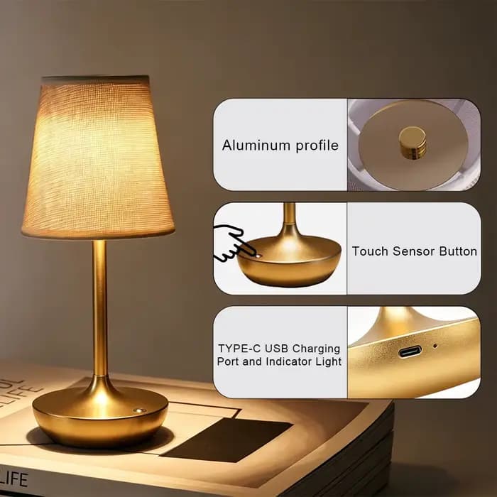 Lampes de table LED rechargeables, lampe de bureau classique simple, lampe de chevet à intensité variable avec abat-jour en tissu USB, décoration pour chambre à coucher veilleuse de nuit lampe chambre