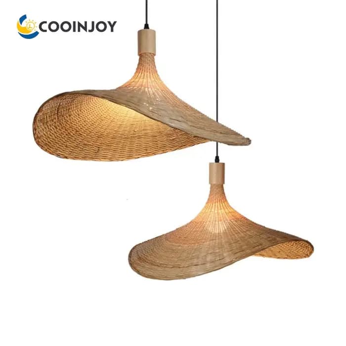COOINJOY lampe suspendue en bambou 50 cm tissé à la main Wabi-sabi lustre en rotin Design de chapeau rétro pour chambre salle à manger plafonnier