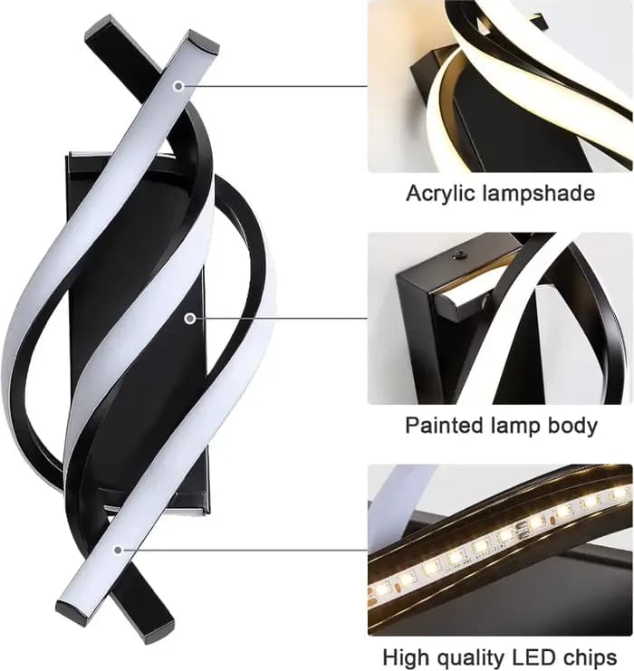Lampe murale LED en forme de spirale incurvée, luminaire décoratif d'intérieur, idéal pour une chambre à coucher, un chevet, un couloir, des escaliers ou un couloir