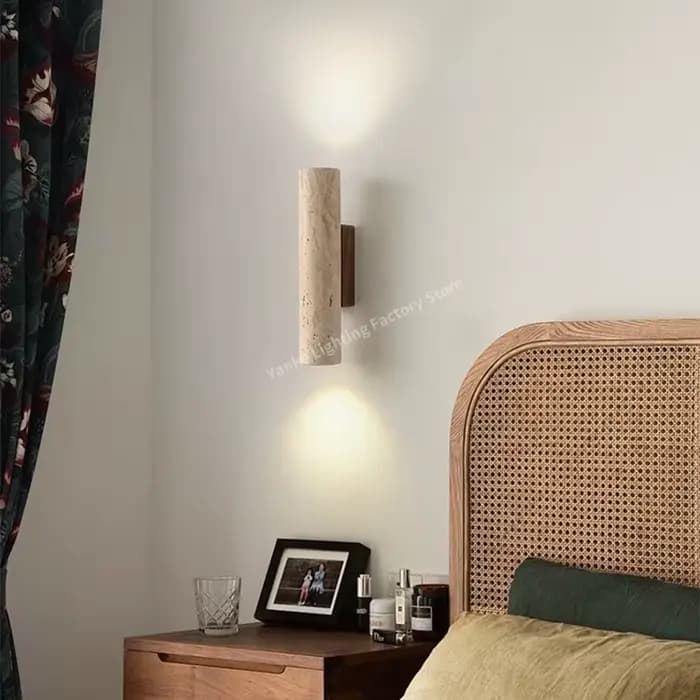 Applique murale en travertin jaune, Design Vintage, bois et pierre, luminaire LED, chambre à coucher, salon, chevet, décoration de la maison
