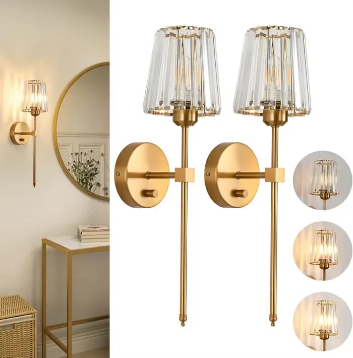 Lot de 2 appliques murales en cristal, applique murale à intensité variable avec abat-jour en cristal pour salon, chambre à coucher, ampoules incluses