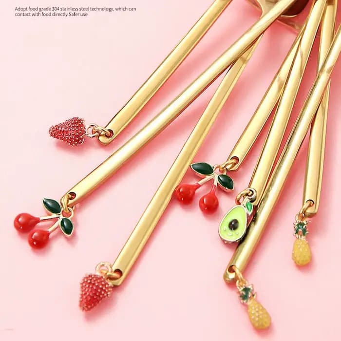 Nouveau Cuillère pendentif fruits doré, vaisselle en acier inoxydable, cuillère à remuer, cuillère à café en argent