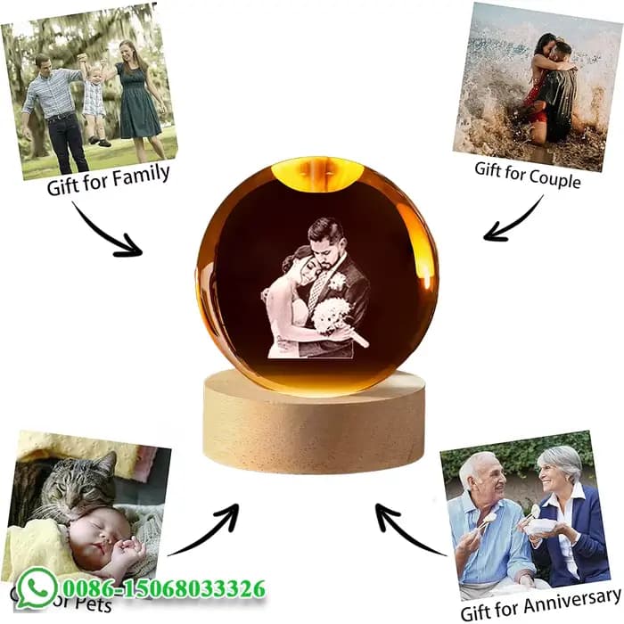 Boule de cristal personnalisée Photo LED veilleuse chambre bureau décoration cadeau mariage Couple Parents animaux Photos Souvenir cadeaux