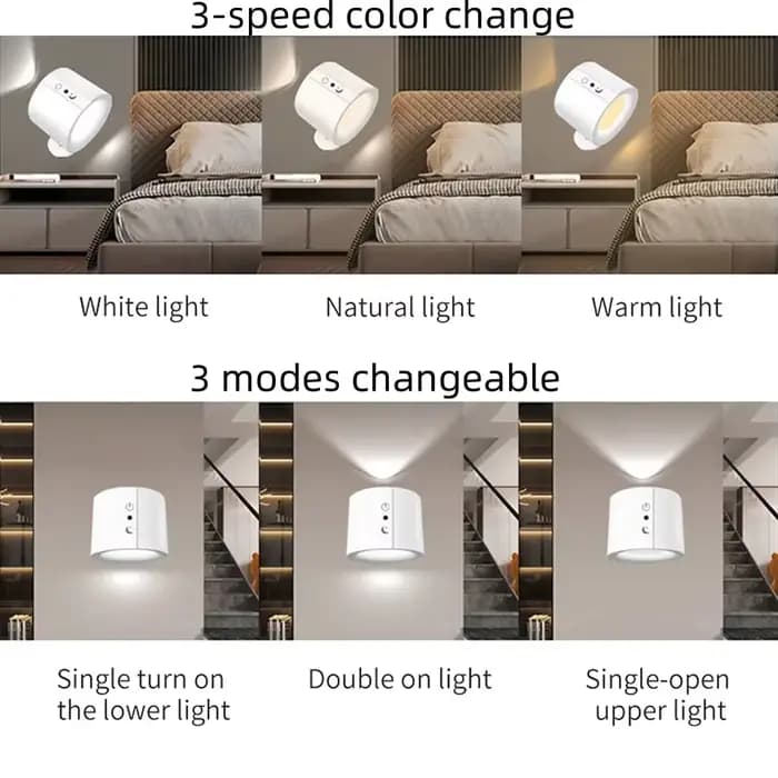 Mur LED lumière Rechargeable tactile Double tête applique 360 rotatif 3 couleurs appliques lumière sans fil veilleuses pour chambre