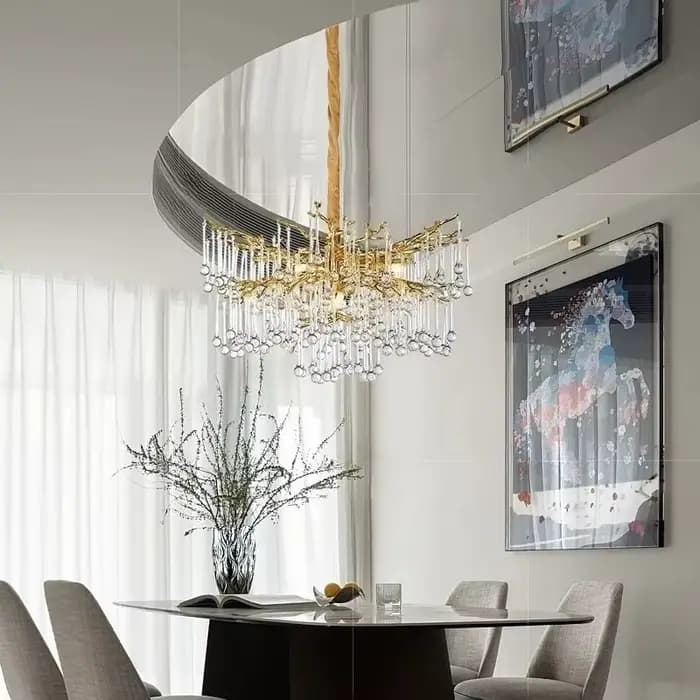 Lustre en cristal de gouttelette d'eau de luxe pour plafond salon décor chambre doré branche suspendue luminaire suspendu
