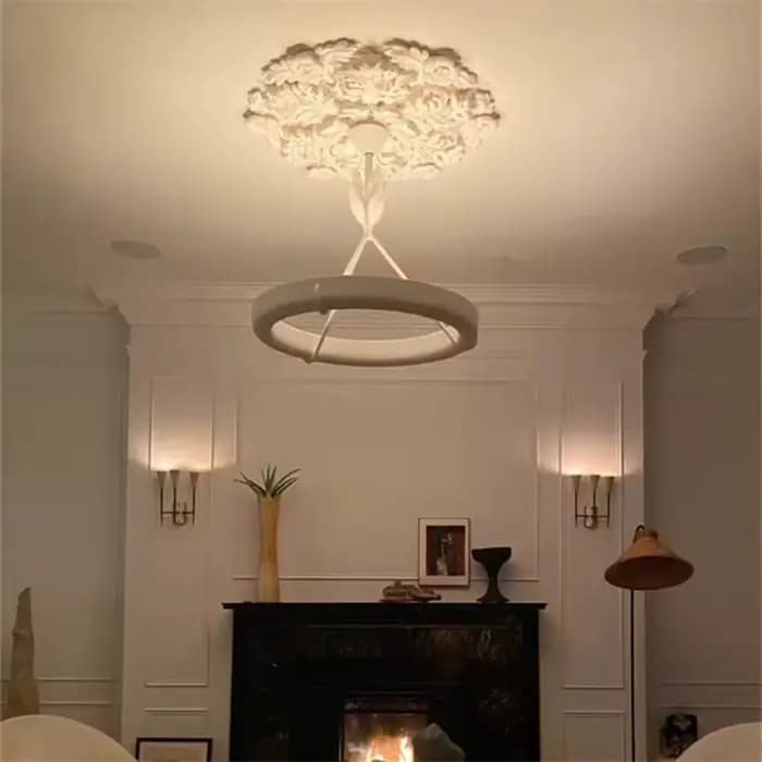 Lustre artistique en plâtre sculpté rétro blanc gypse rond suspension chambre salon milieu du siècle plafonnier français