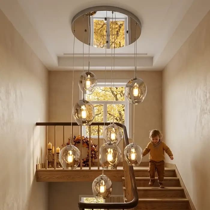 Lustre moderne pour escalier en colimaçon, lampe à boule de cristal, éclairage long pour salon, villa, loft, salle à manger, nouveau design 2026