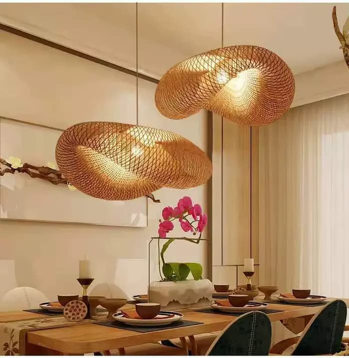 Lampe suspendue en bambou tressé pour salon, salle à manger, salon de thé – Décoration créative en forme de chapeau ondulé en rotin tressé