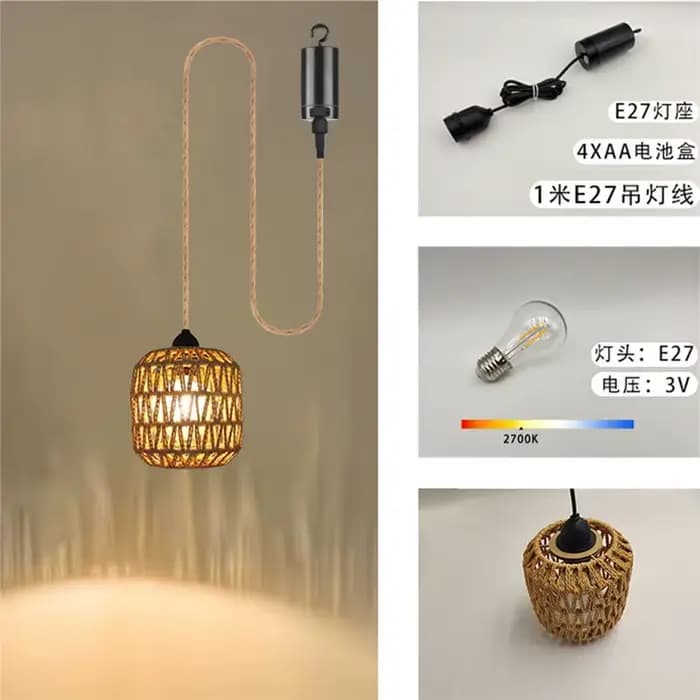 Lustre d'extérieur alimenté par batterie SHGO, luminaire suspendu en rotin tressé pour gazebo, pergola, véranda, décoration inté