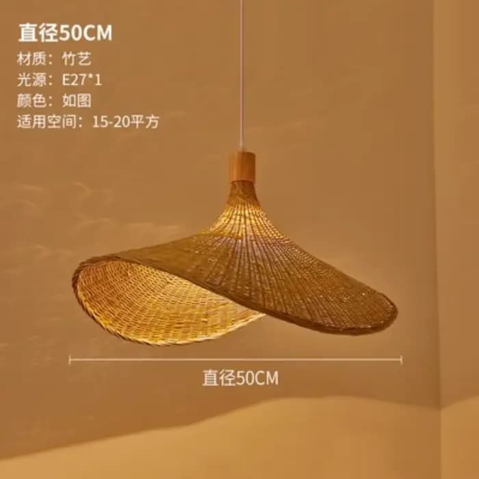 COOINJOY lampe suspendue en bambou 50 cm tissé à la main Wabi-sabi lustre en rotin Design de chapeau rétro pour chambre salle à manger plafonnier