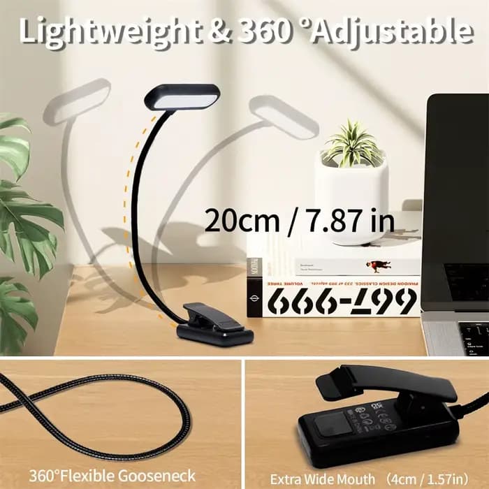 Lampe de lecture LED rechargeable par USB pince de livre lampe de lecture 3 températures de couleur pour le travail lecture dortoir d'étudiant veilleuse