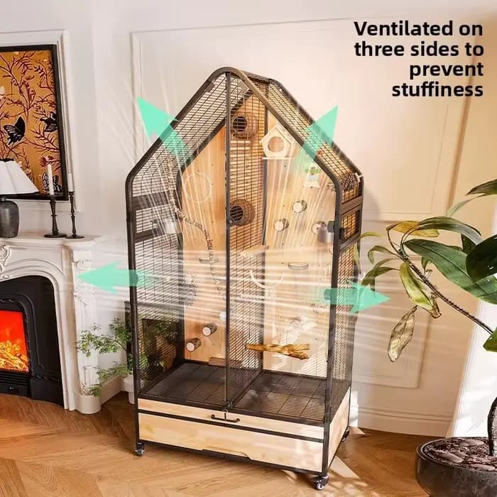 Cage à oiseaux panoramique en bois massif 2026, design de villa de luxe pour oiseaux moyens et grands avec bricolage modulable