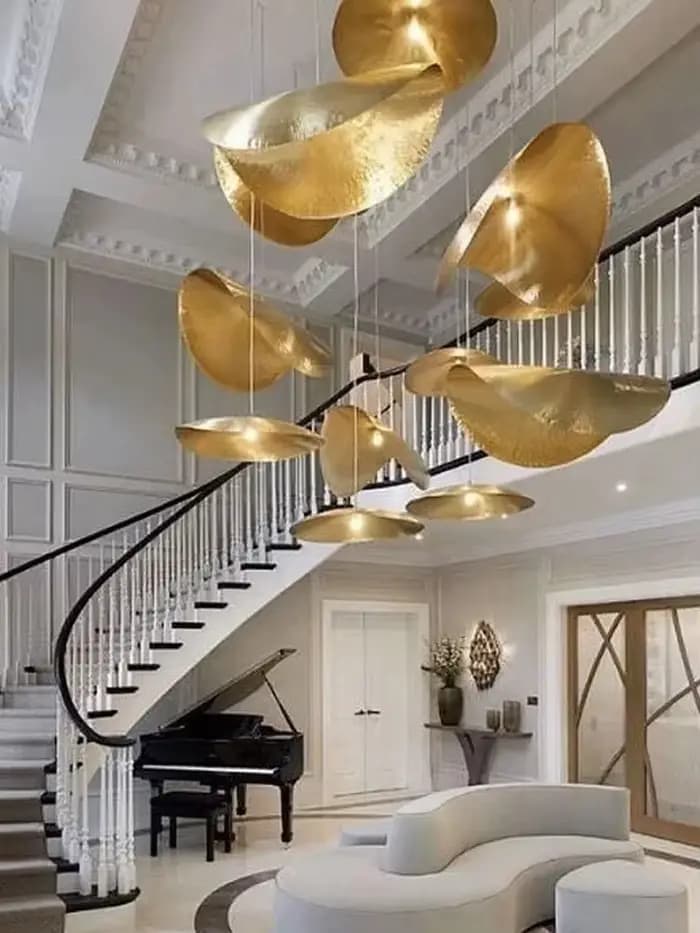 Lampe suspendue en cuivre feuilles de lotus LED Lxuruy lustre moderne salon grande plafond lustre cottage escalier luminaire occasion spéciale