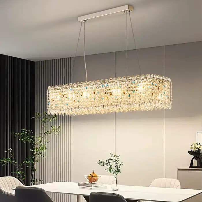 Lustre en cristal de luxe pour salle à manger, lampe suspendue Led pour décoration de maison, nouveau luminaire rectangulaire moderne doré pour îlot de cuisine