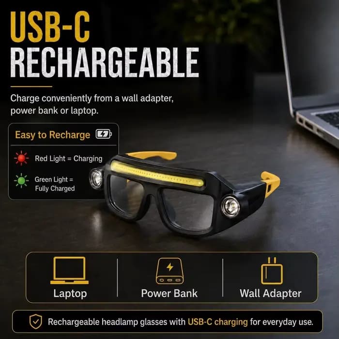 Lunettes à LED rechargeables, lampe frontale à double éclairage, 5 modes d'éclairage extérieur pour la pêche, la course à pied, le camping, la randonnée