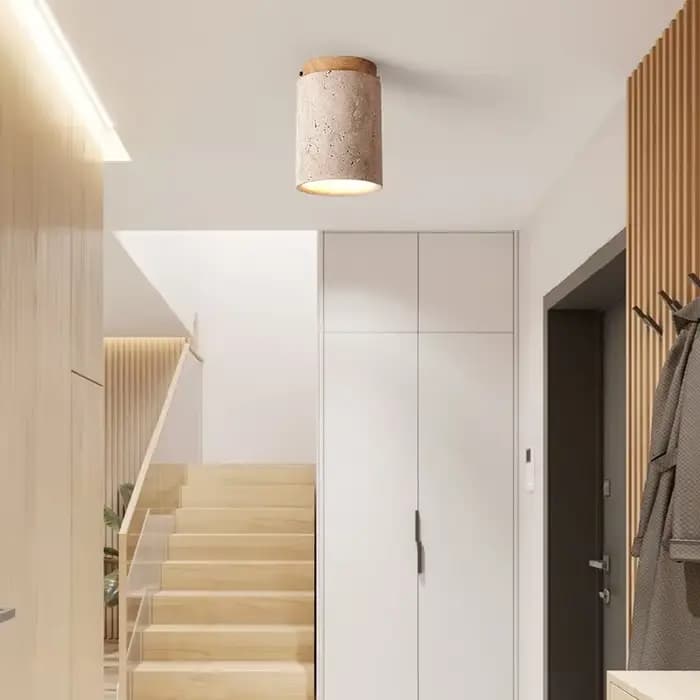 Plafonnier cylindrique en travertin, downlight en pierre véritable avec ampoule E27