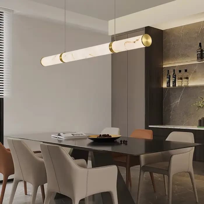 Pendentif moderne longue bande lumière droite tout le cuivre imiter la lumière du marbre Restaurant concepteur Simple salon salle à manger lampe