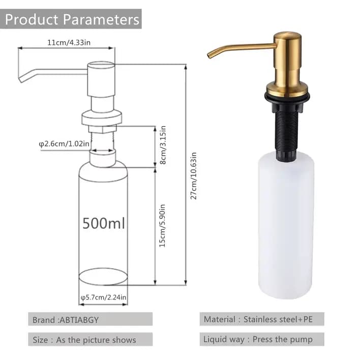 Distributeur de savon doré en acier inoxydable noir pour évier de cuisine, bouteille de savon liquide, accessoires de cuisine 500 ml avec pompes intégrées