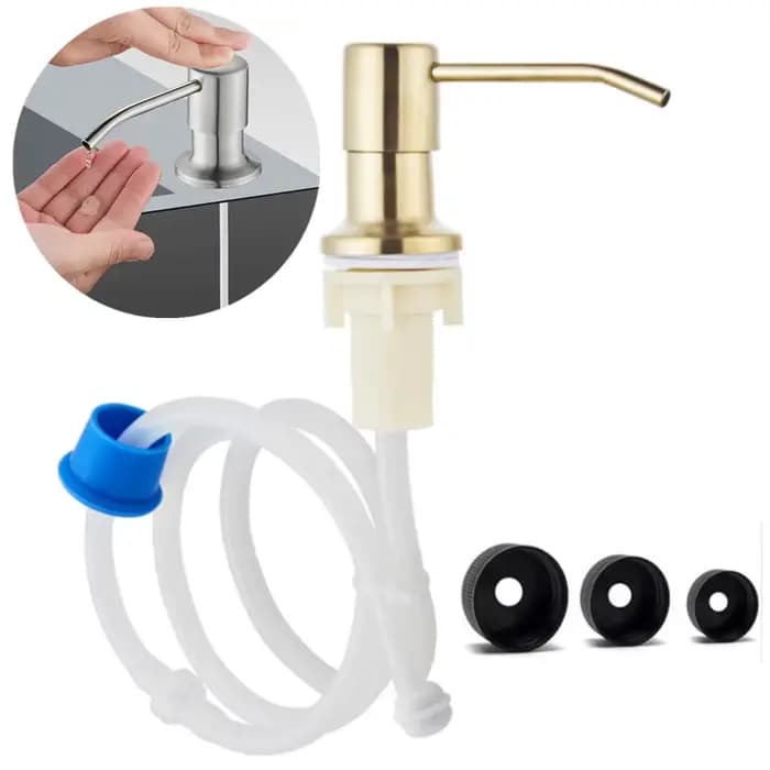 Distributeur de savon pour évier de cuisine Golden avec pompe, tube de 100 cm / bouteille de 350 ml, en acier inoxydable noir brossé chromé, distributeur à pression manuelle