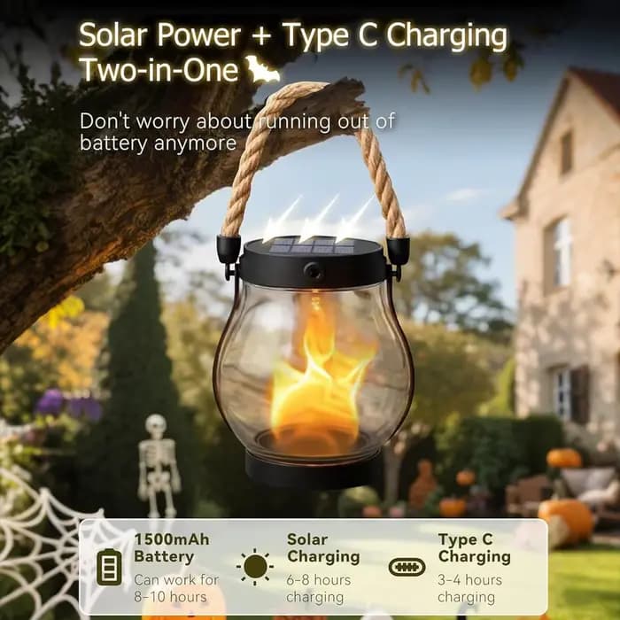 Lanternes solaires pour l'extérieur, lanternes à énergie solaire, résistantes à l'eau, design flamme vacillante, charge USB, ornement pour arbre