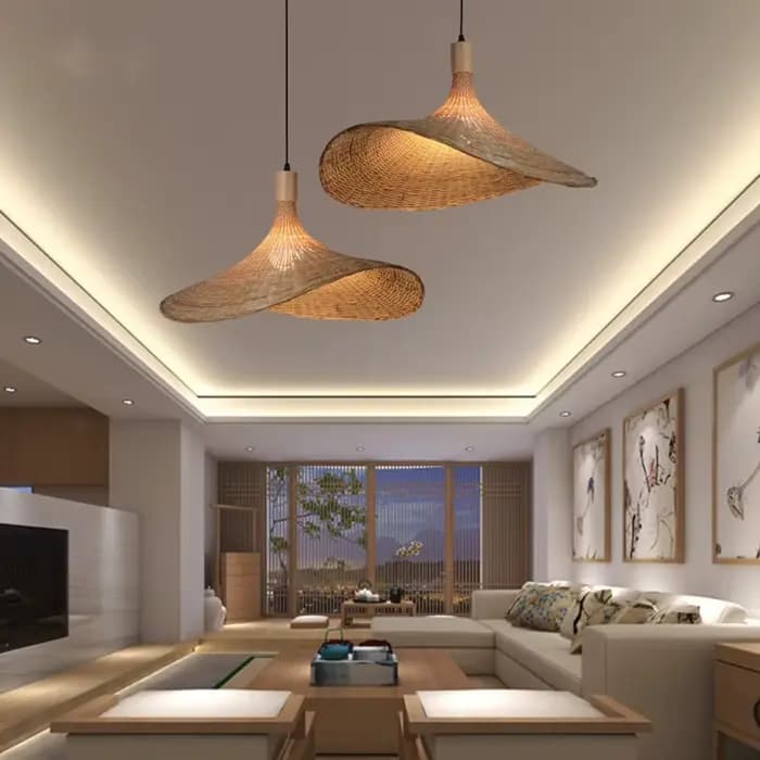COOINJOY lampe suspendue en bambou 50 cm tissé à la main Wabi-sabi lustre en rotin Design de chapeau rétro pour chambre salle à manger plafonnier