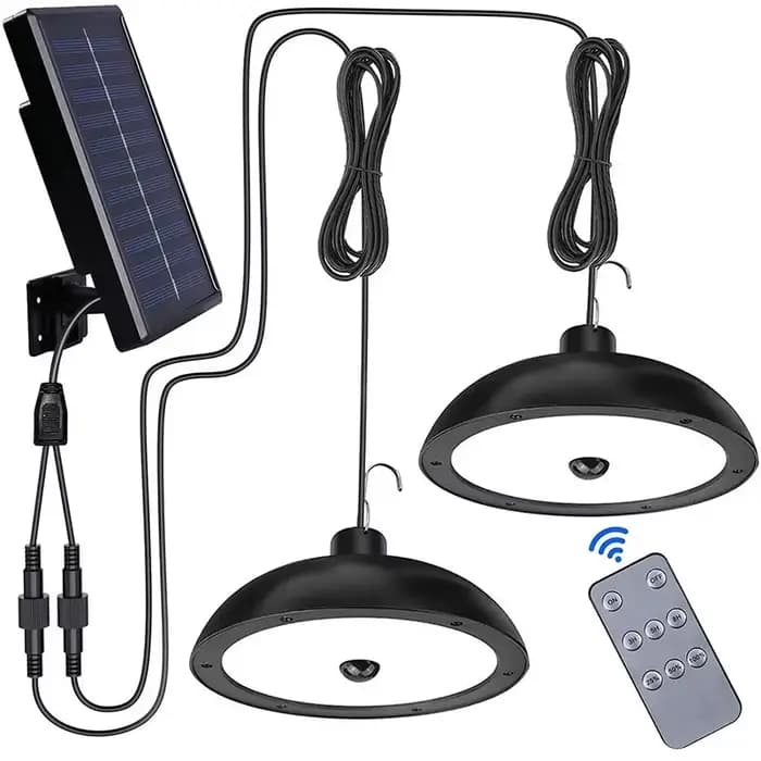 Plafonnier LED Solaire d'Extérieur, Lampe Suspendue Étanche à Double Tête, Décorations avec Télécommande pour Abri et Grange d'Nik