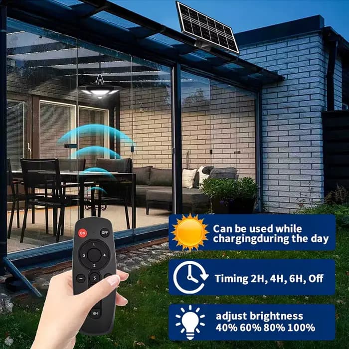 Lampe Solaire Suspendue avec Télécommande, Éclairage d'Intérieur et d'Extérieur à 180LED et 5 Modes d'Éclairage, Accessoire avec Détecteur de Mouvement, idéal pour un Garage, un Patio ou une Grange