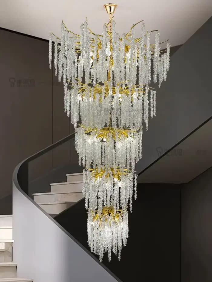 Lustre en cristal de branche d'or de luxe, escalier, loft, villa, hôtel, corrigé par des lustres de confrontation de branche d'arbre de cristal de plancher élevé