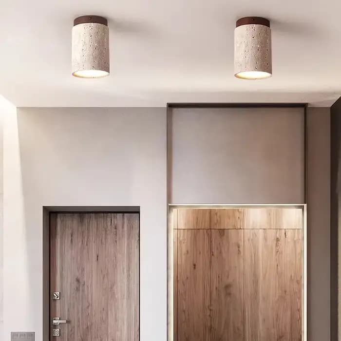 Plafonnier cylindrique en travertin, downlight en pierre véritable avec ampoule E27