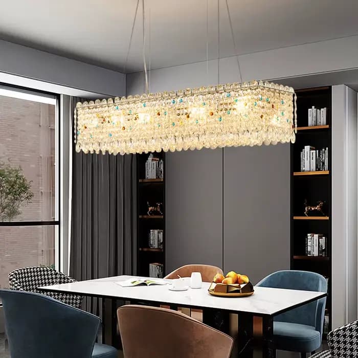 Lustre en cristal de luxe pour salle à manger, lampe suspendue Led pour décoration de maison, nouveau luminaire rectangulaire moderne doré pour îlot de cuisine
