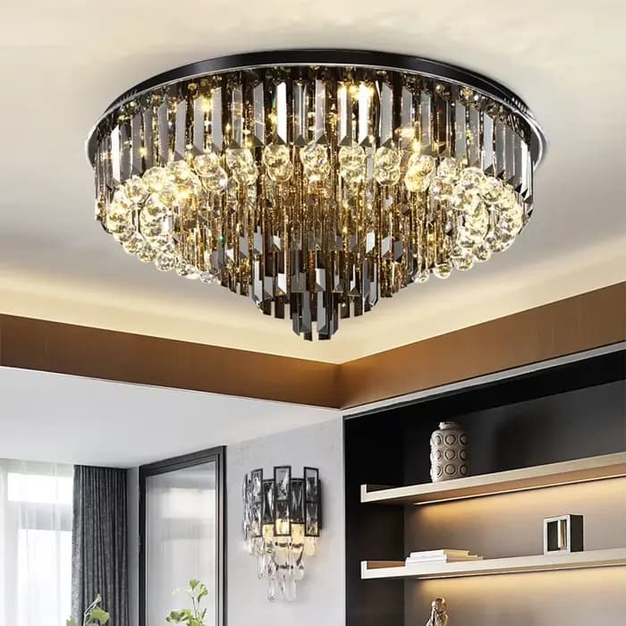 Lustre de plafond en cristal Led pour salon moderne créatif décor à la maison lampe ronde de luxe noir or argent luminaire