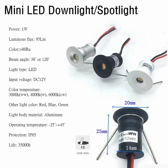 Petit Spot lumineux 1W Mini projecteur LED 12V Dimmable 15mm découpe encastré Downlight IP65 plafonnier vitrine affichage éclairage