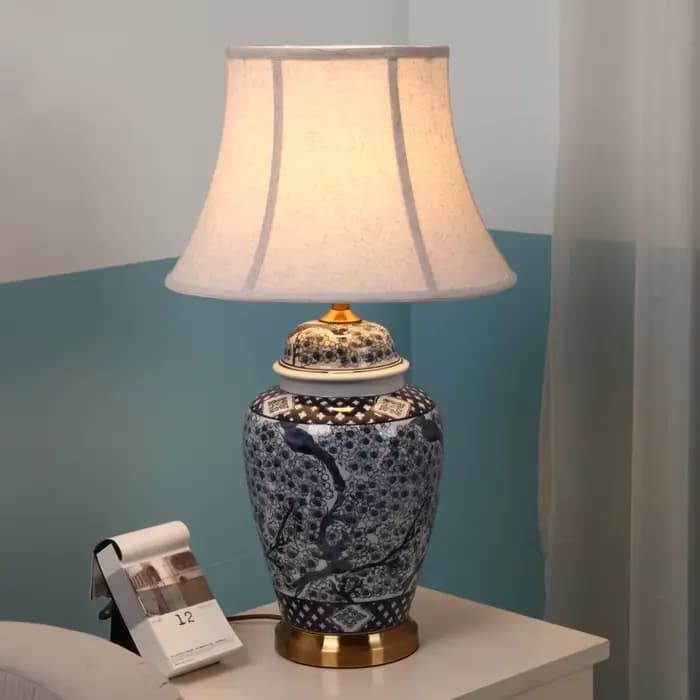 Lampe de table en céramique bleue vintage, grandes lampes de table en porcelaine pour villa, salon, maison, chambre à coucher de luxe, éclairage de chevet